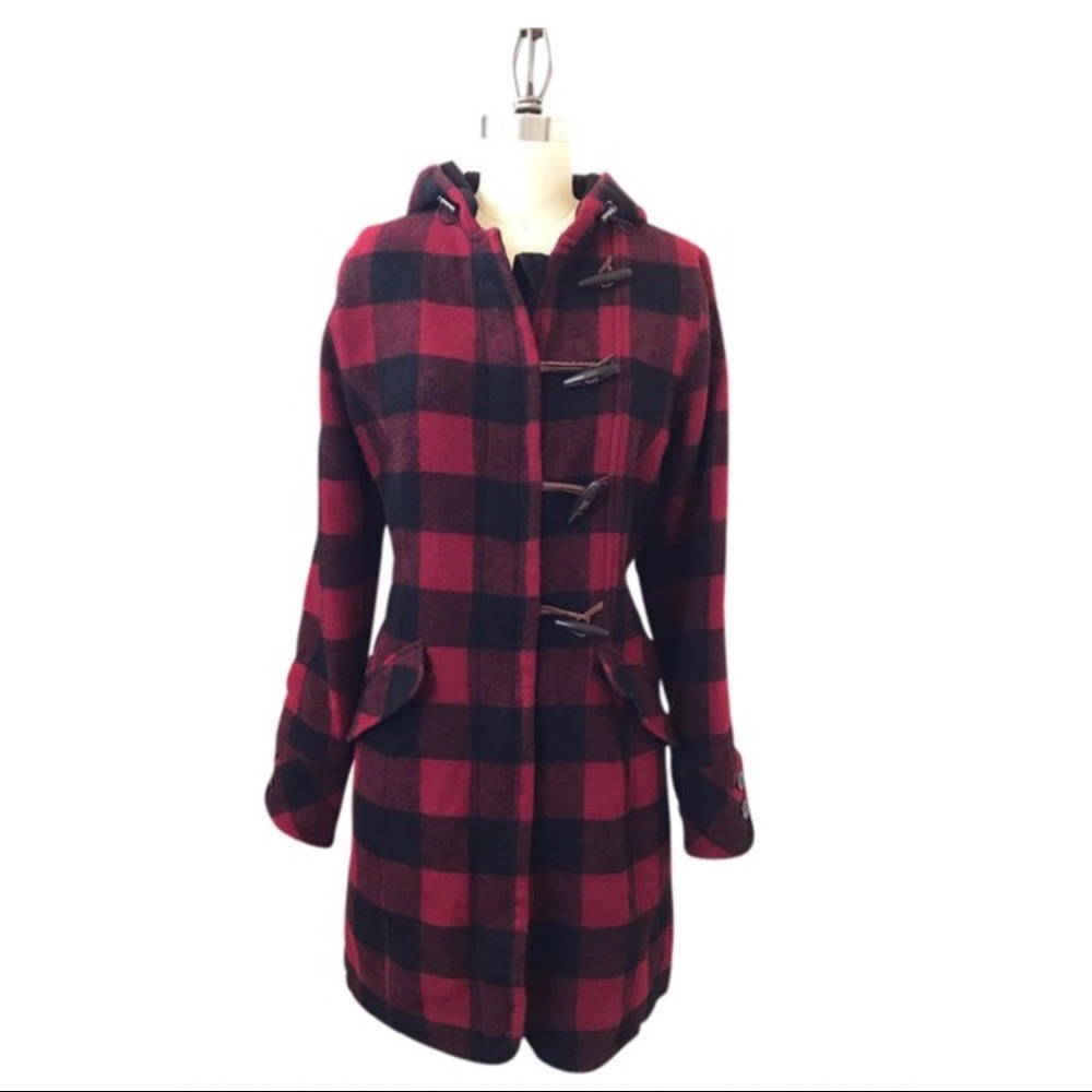 Woolrich Red Buffalo Plaid Wool Duffle Coat